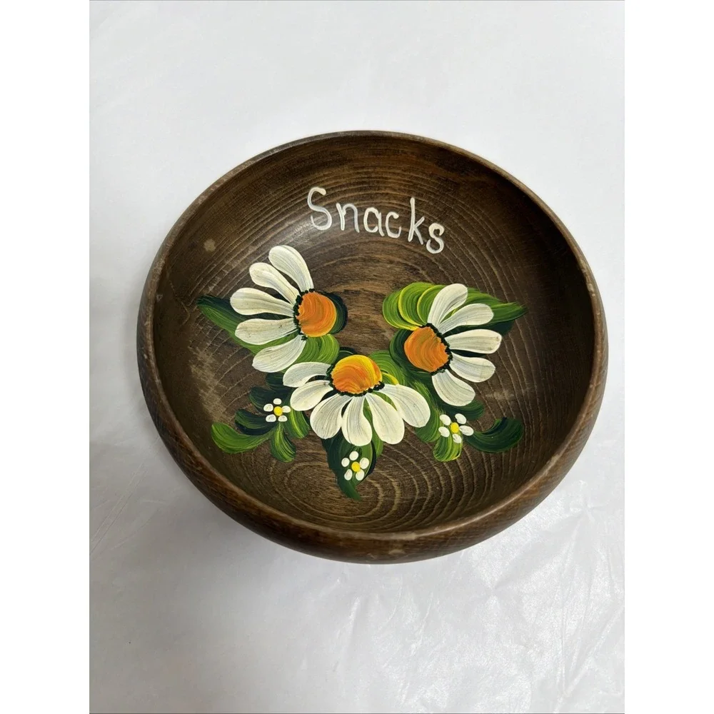 Hand Painted Wooden Vintage Decorative Bowl Flowers Floral Design 6